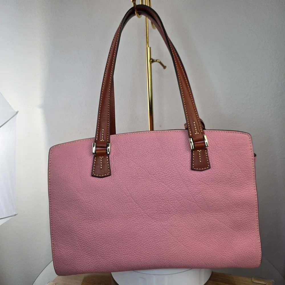 Dooney & Bourke Pink Pebbled Leather Shoulder Bag Brown Trim Tassel Logo Purse